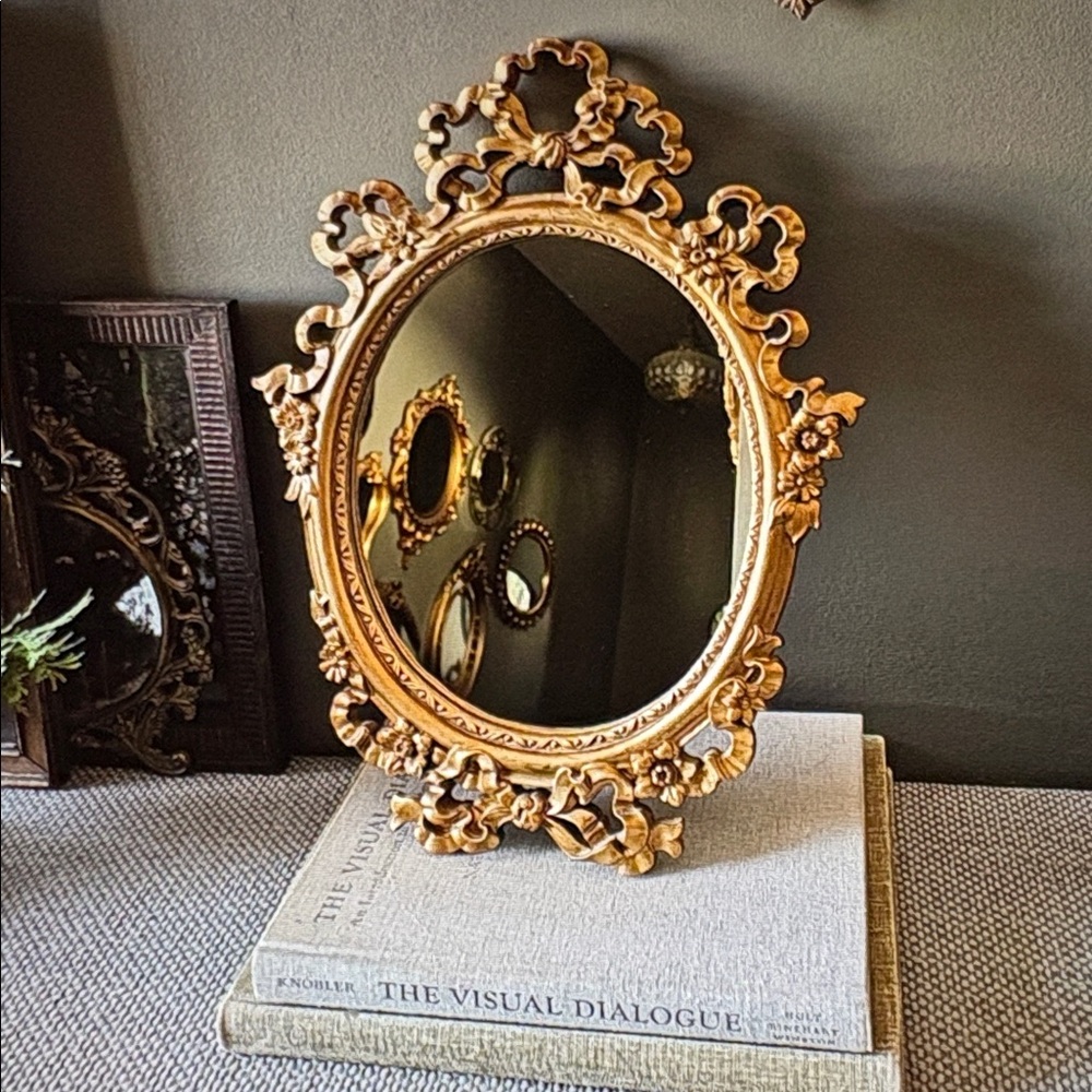 Vintage Oval Mirror Baroque Style Resin Frame With Ornate Ribbon & Bows 1960’s - Picture 2 of 5